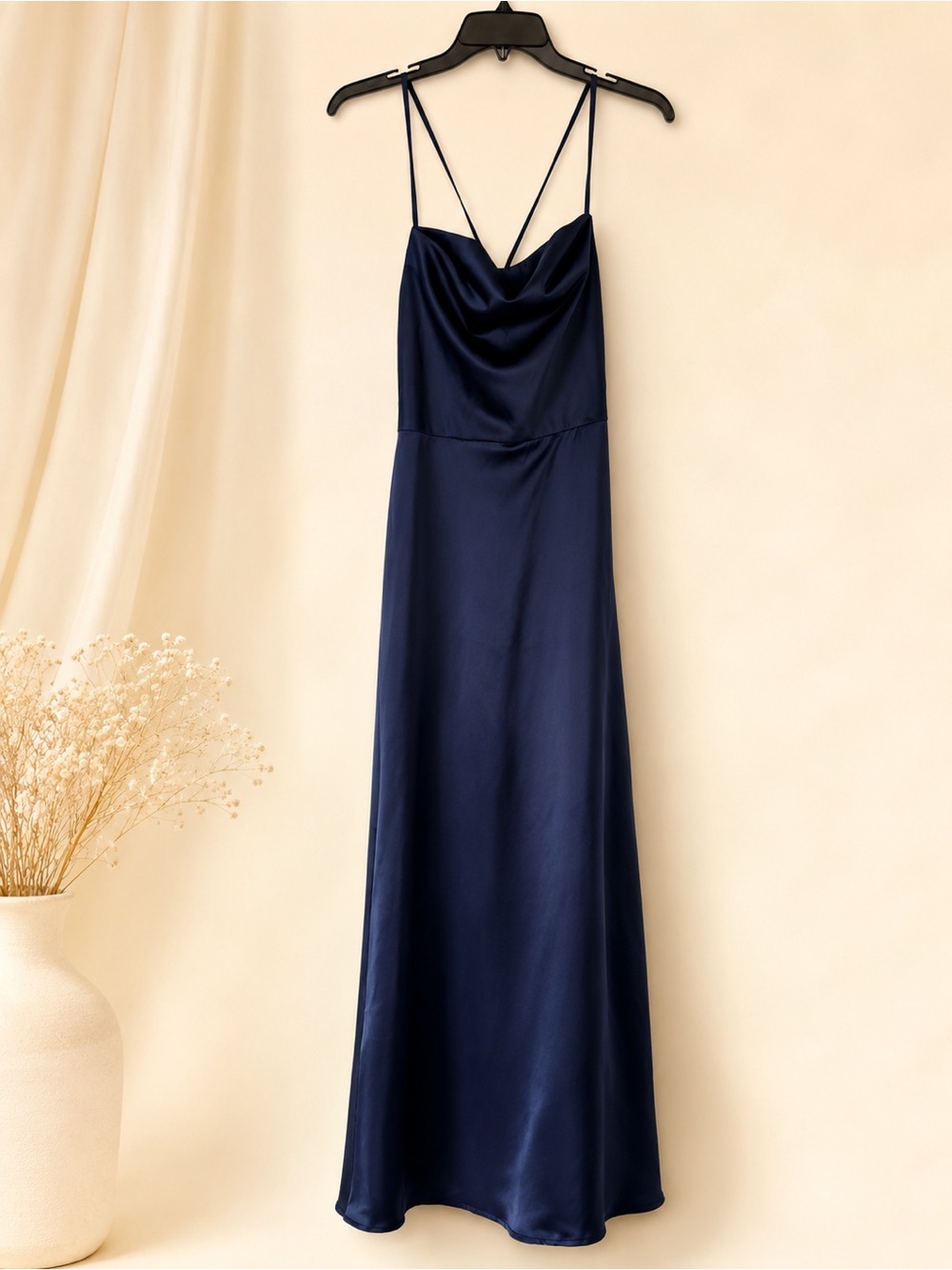 DB Studio Navy Satin Cowl Neck Maxi Dress Sz 4 High Slit Formal Bridesmaid Gown